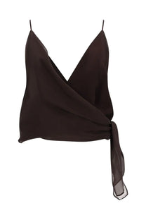 Alysi women’s brown draped top in sleek black satin with thin spaghetti straps and tied side detail