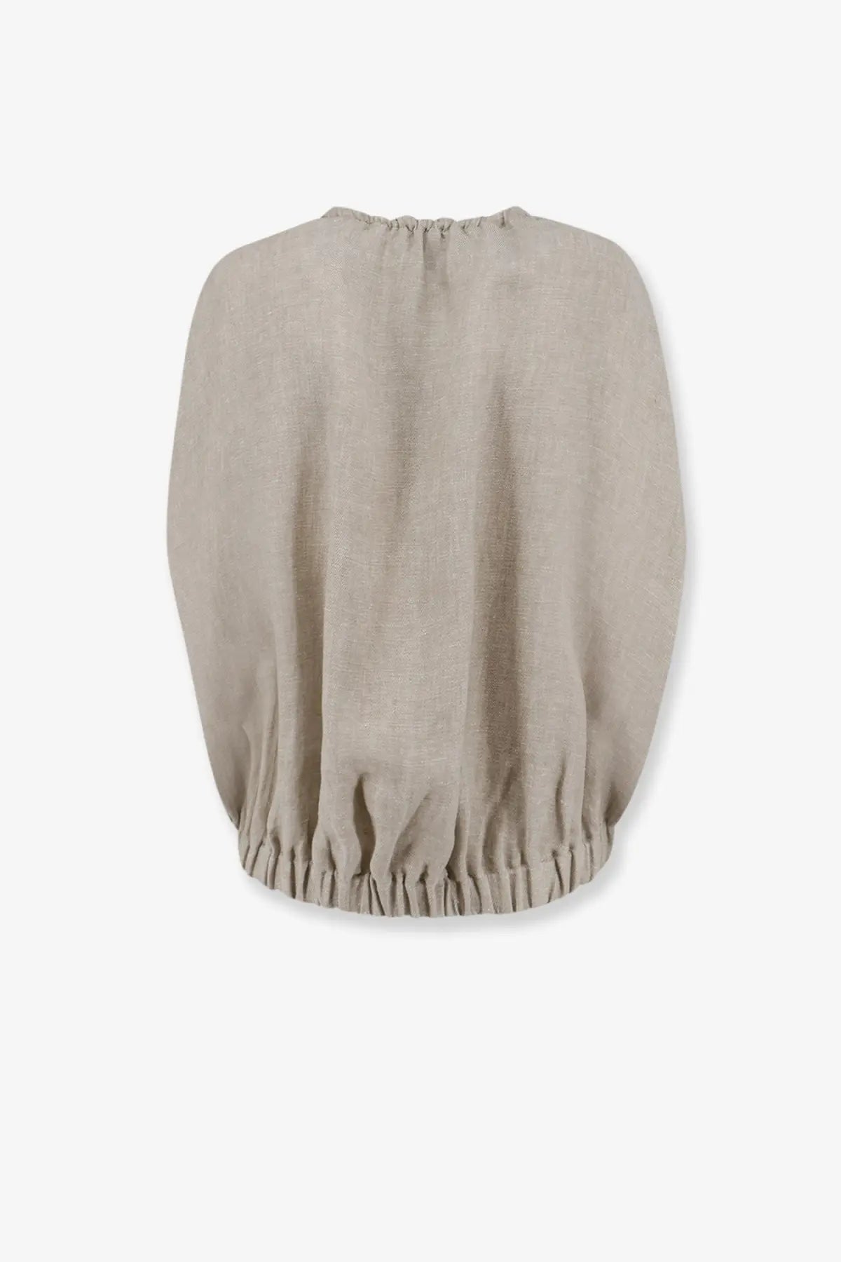 Beige linen blouse with gathered neckline and hem paired with alysi women’s èlavé linen sleeveless jacket grezzo