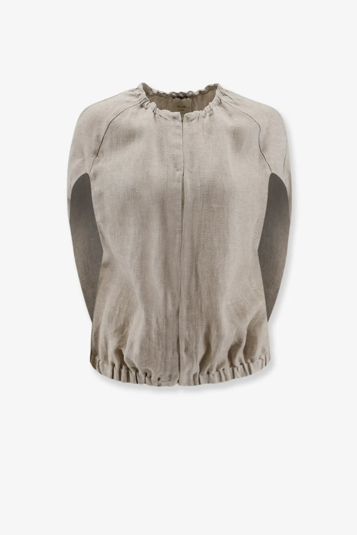 Alyssi womens élavé beige linen sleeveless jacket with ruffled neckline and contrasting darker sleeve panels