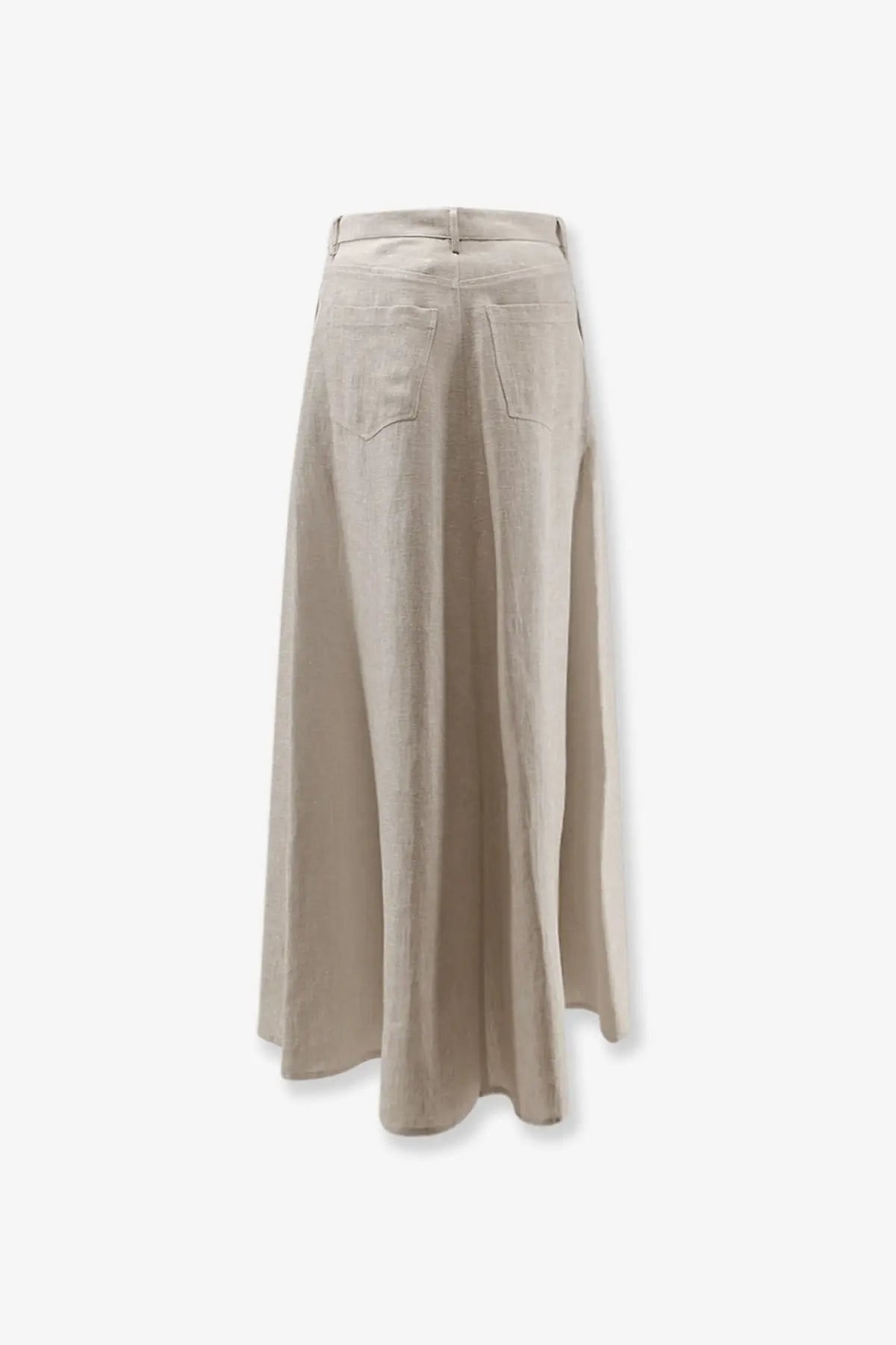 Beige linen maxi skirt with a relaxed flowing silhouette and classic back pockets by alysi grezzo shown from the back
