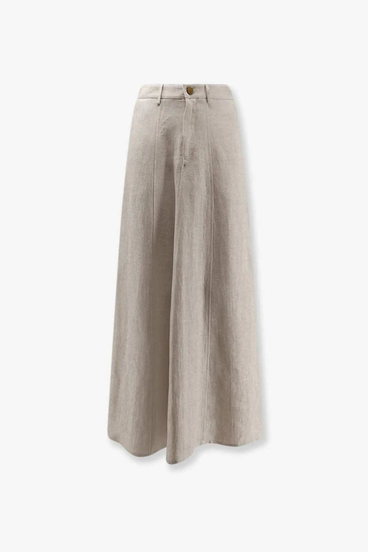 Alysi women’s flared linen skirt grezzo in light beige with subtle vertical pleats and button closure at the waist