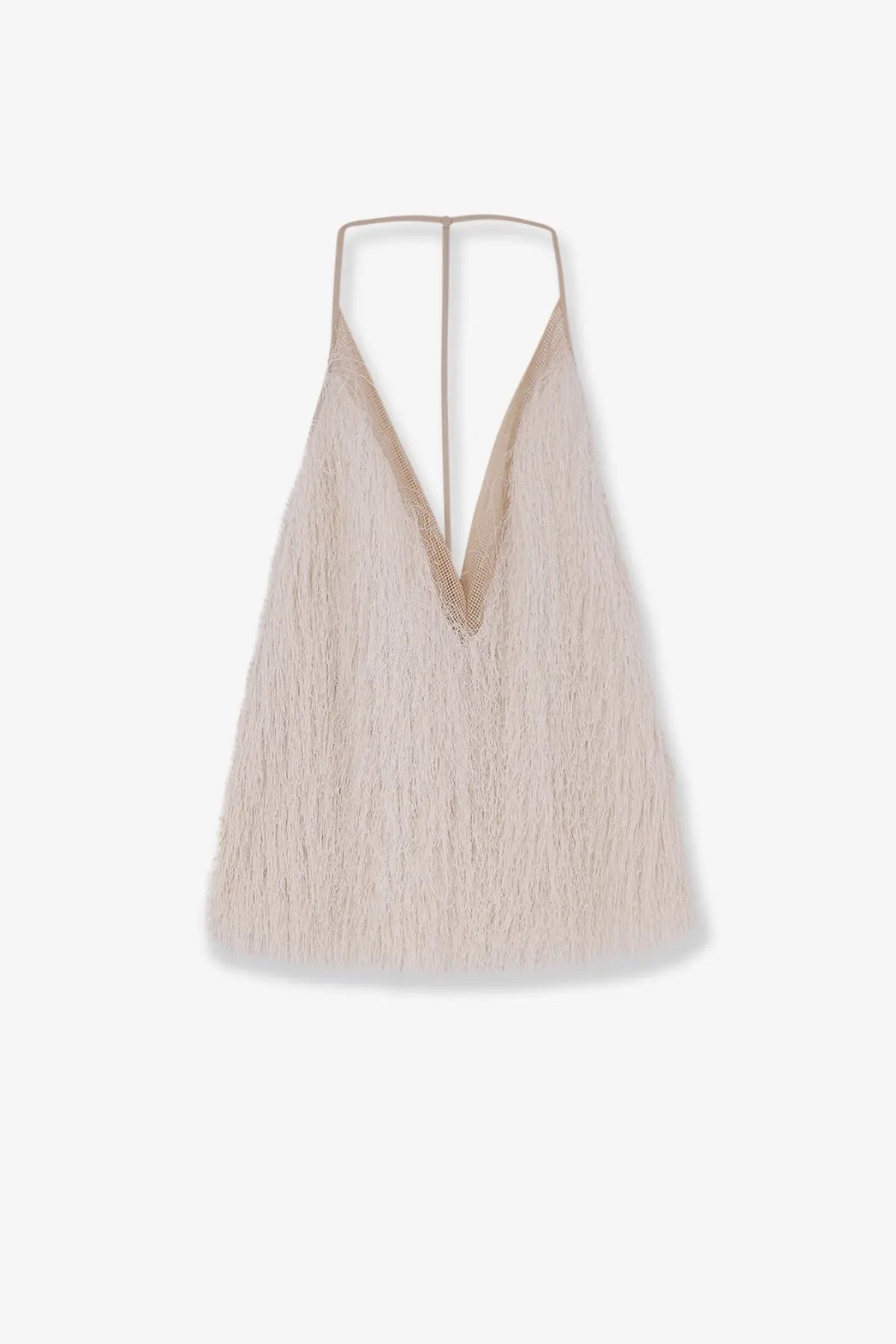 Alysi women’s beige fringed halter top meringa with deep v-neckline and thin straps made of delicate fabric