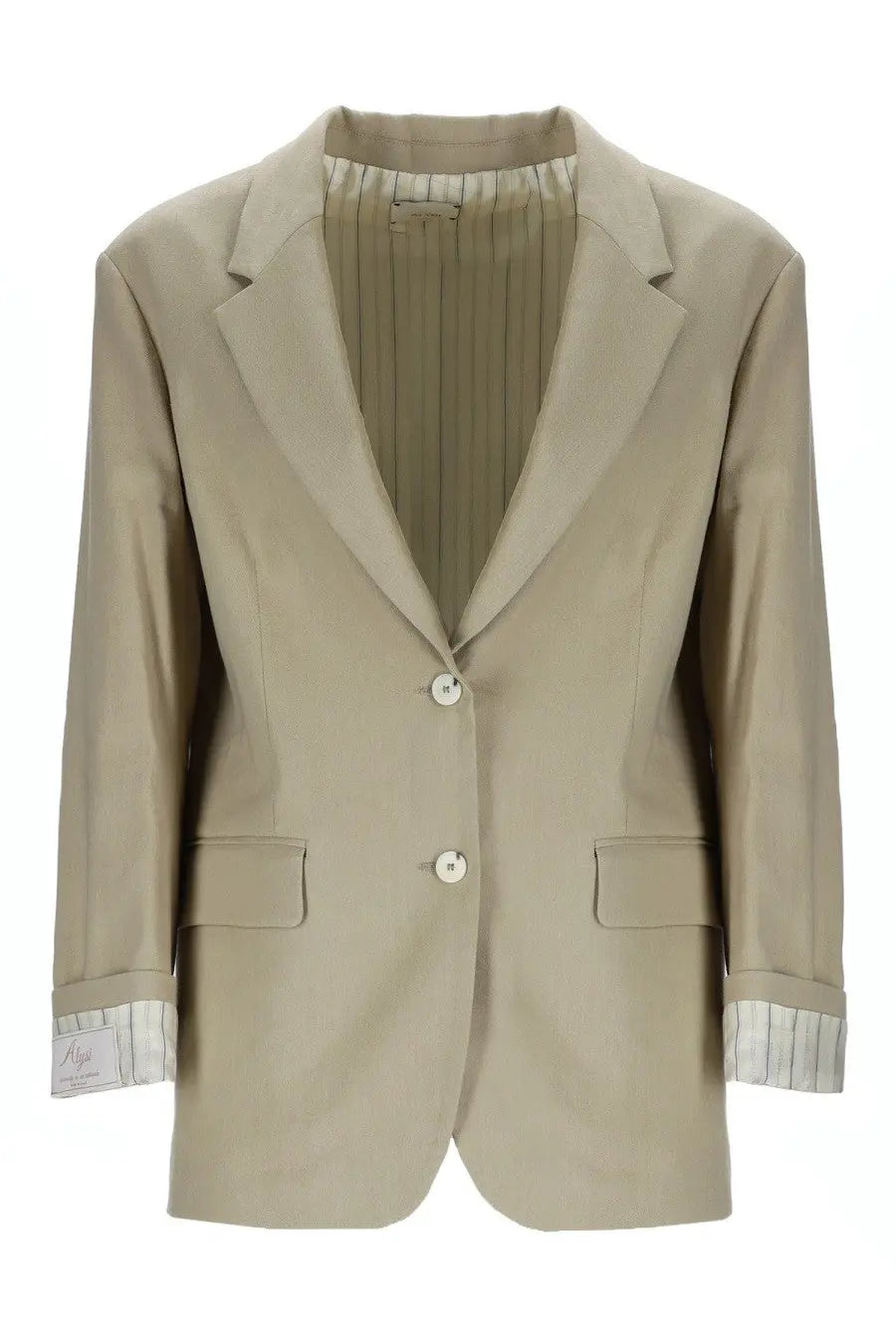 Alysi women’s beige linen blend blazer with subtle vertical pleating on the inner lining and striped cuffs