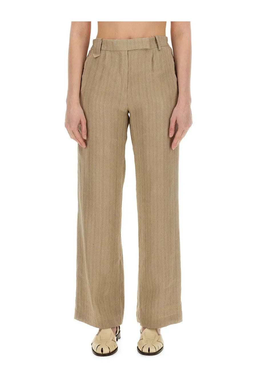 Alysi women’s brown linen pants with beige wide-leg ribbed trousers featuring a tailored fit