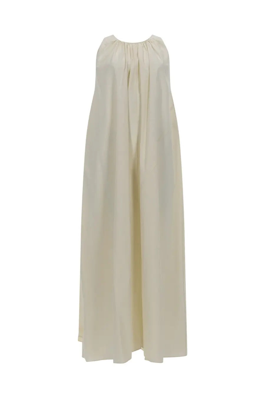 Alysi women’s long cotton dress white flowing off-white sleeveless maxi dress with gathered neckline and soft drape