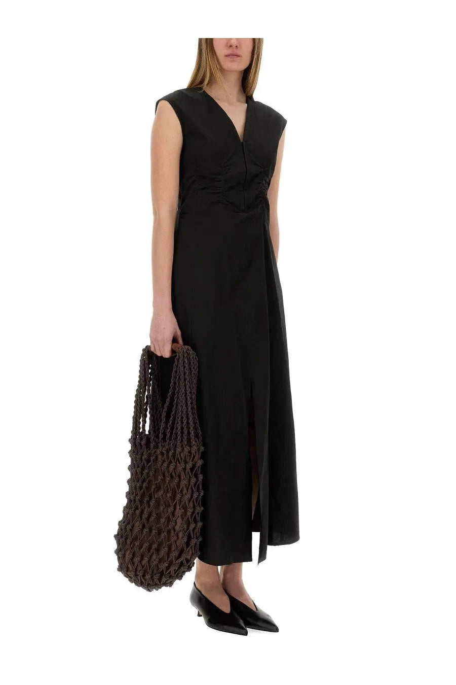 Brown woven mesh tote bag styled with alysi women’s long poplin dress black for casual everyday use