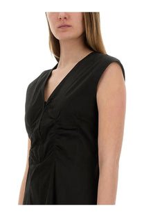 Alysi women’s long black poplin dress with sleeveless design deep v-neckline and ruched front detailing