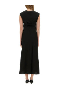 Alysi women’s black long poplin midi dress with sleeveless design and ruched back detail shown from the back
