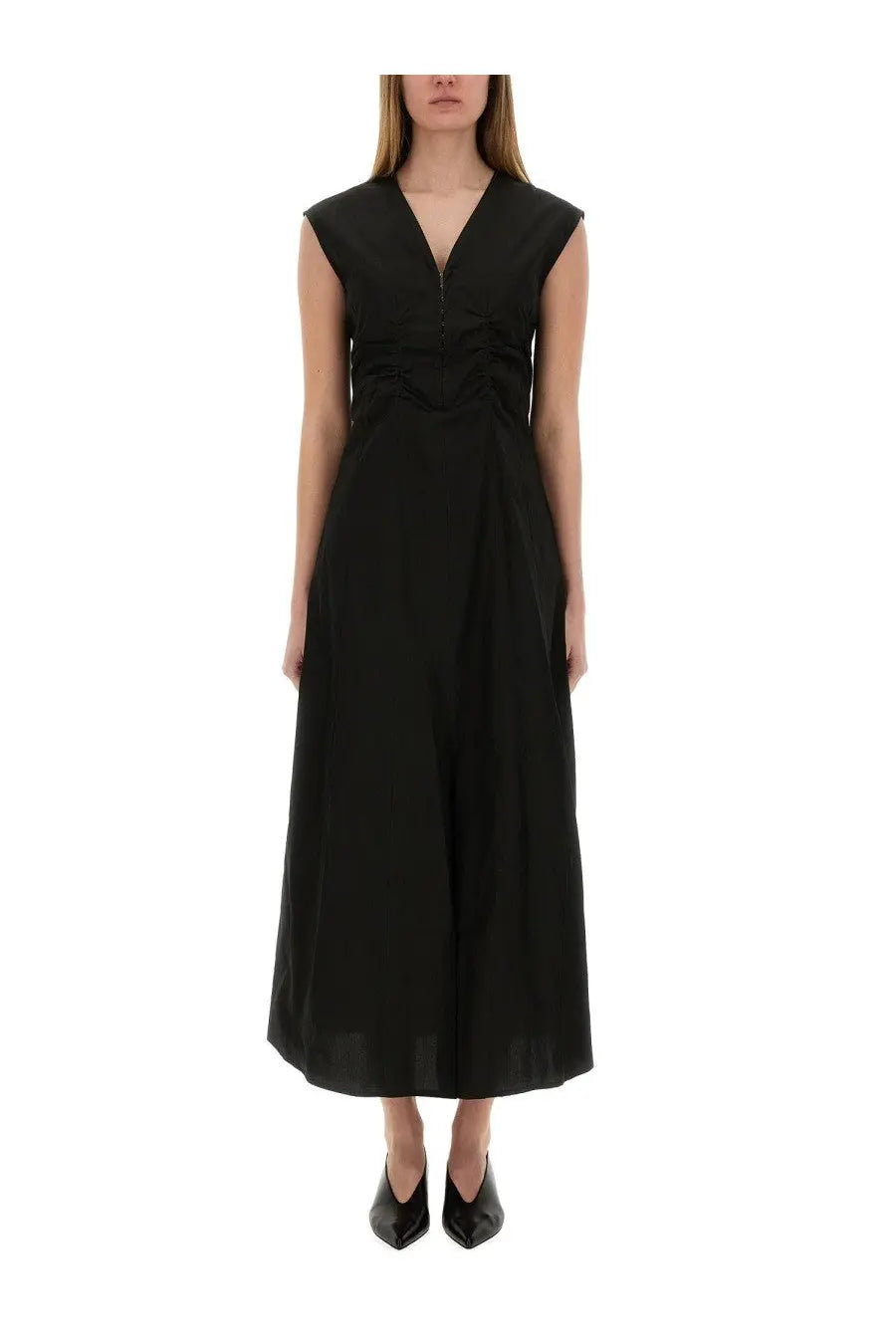Alysi women’s black sleeveless midi long poplin dress with v-neckline and subtle front zipper detail