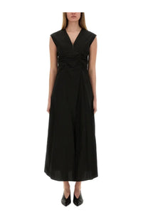 Alysi women’s black sleeveless midi long poplin dress with v-neckline and subtle front zipper detail