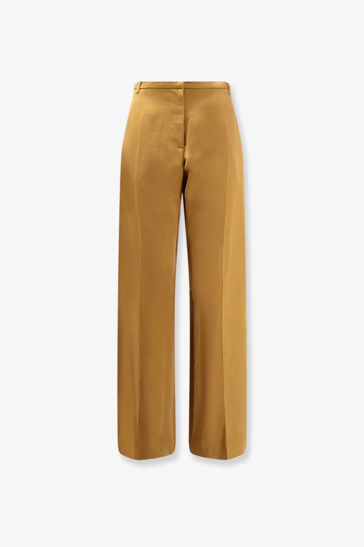 Alyis women’s high-waisted wide-leg trousers in golden-brown satin with lyocell and linen blend fabric and subtle pleats