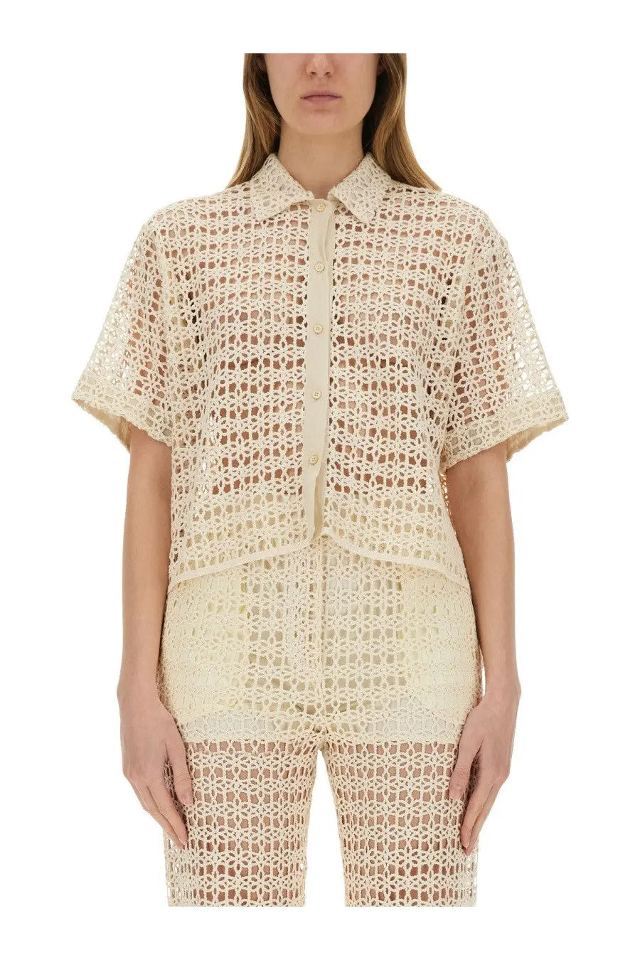 Alysi women’s beige cream-colored crocheted short-sleeved blouse with classic collar and button-front macramé design