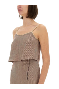 Alysi women’s micro stripe top in beige and black vertical stripes with thin straps and layered ruffled hem