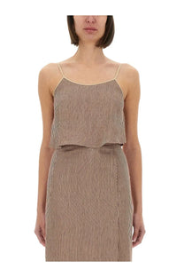 Alysi women’s sleeveless micro stripe top in beige and brown with thin straps perfect for casual wear