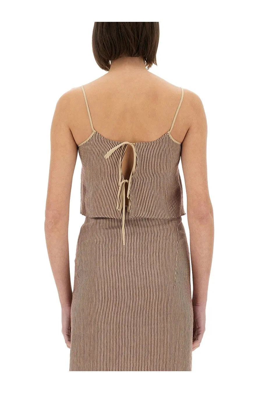 Alysi women’s micro stripe top red with two-piece woven dress featuring vertical brown and cream stripes and back tie detail