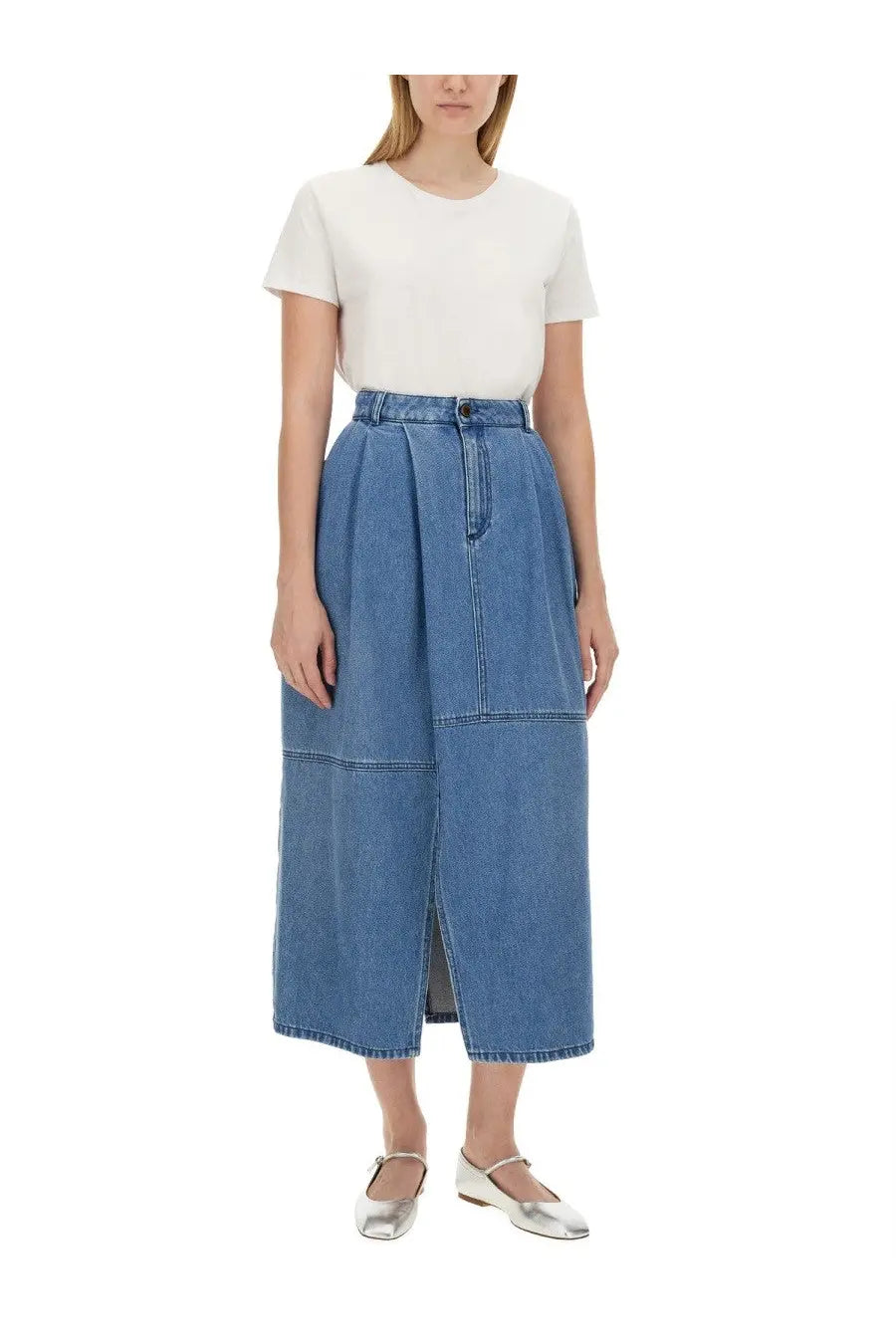 Alysi women’s midi skirt blue high waisted denim with front split and patchwork design