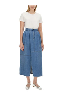 Alysi women’s midi skirt blue high waisted denim with front split and patchwork design