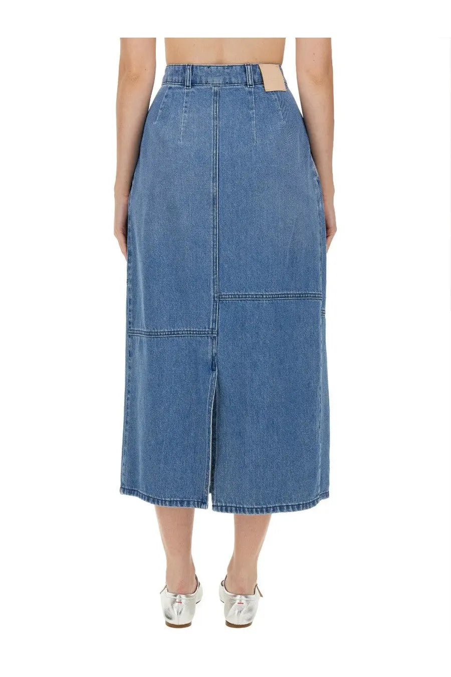Alysi women’s mid-blue denim midi skirt with high waist, patchwork panels, and central front slit