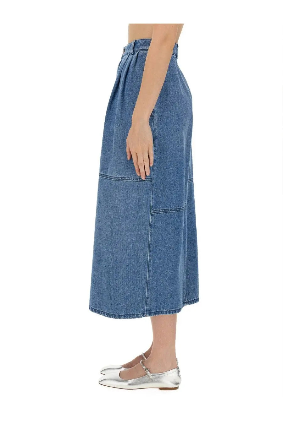 Alysi women’s mid-blue denim midi skirt with high waist patch pockets and flared silhouette