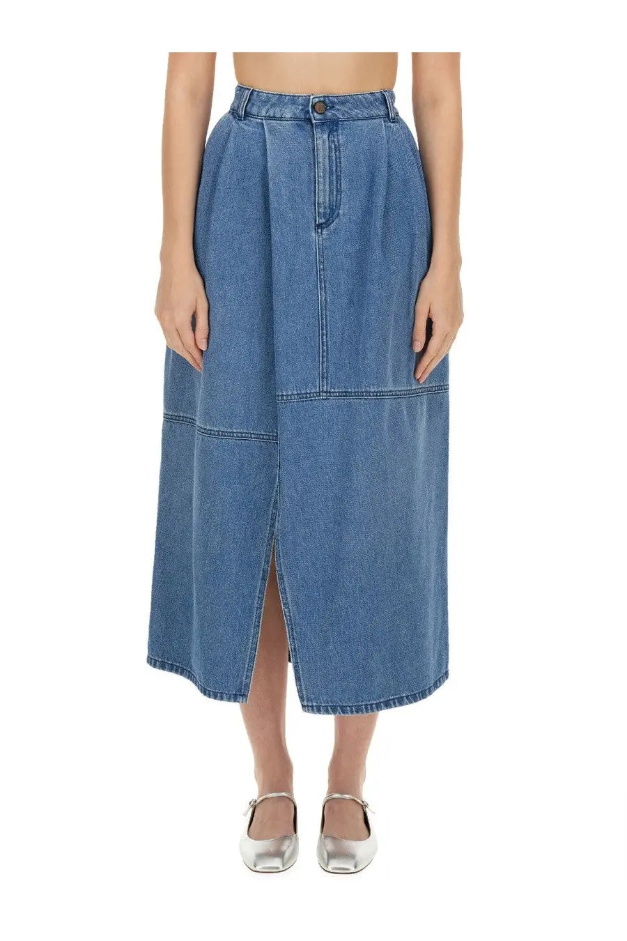 Alysi women’s mid-blue denim midi skirt with front slit and patchwork paneling for casual wear