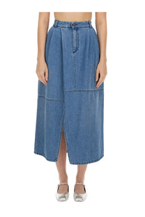 Alysi women’s mid-blue denim midi skirt with front slit and patchwork paneling for casual wear