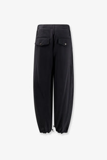 Alysi women’s black modal trousers with high waist tapered fit buttoned flap pockets and drawstring cuffs