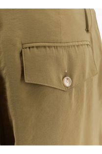 Alysi women’s khaki modal trousers featuring a single buttoned flap pocket with neat stitching and subtle texture