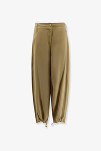 Alysi women’s tan modal trousers with high waist relaxed tapered fit and drawstring cuffs for casual wear