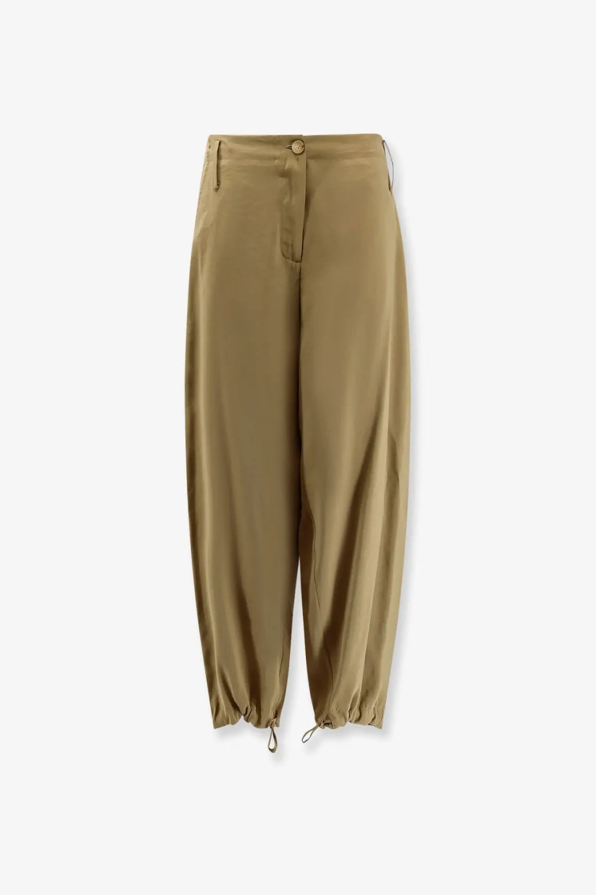 Alysi women’s tan modal trousers with high waist, relaxed tapered fit, and drawstring cuffs for comfortable wear