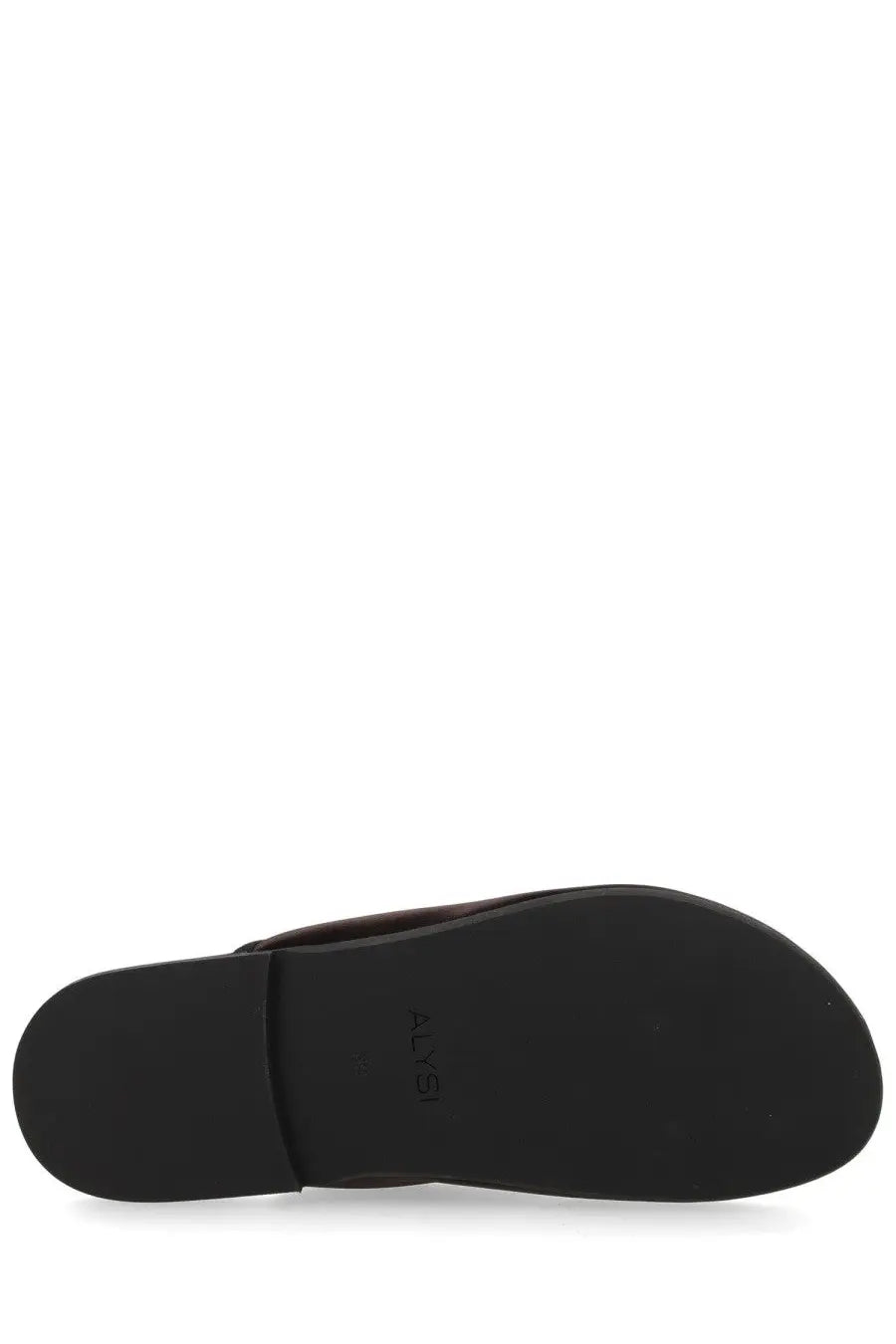Black rubber sole with alysi embossed on the back of alysi womens mule in raso brown satin
