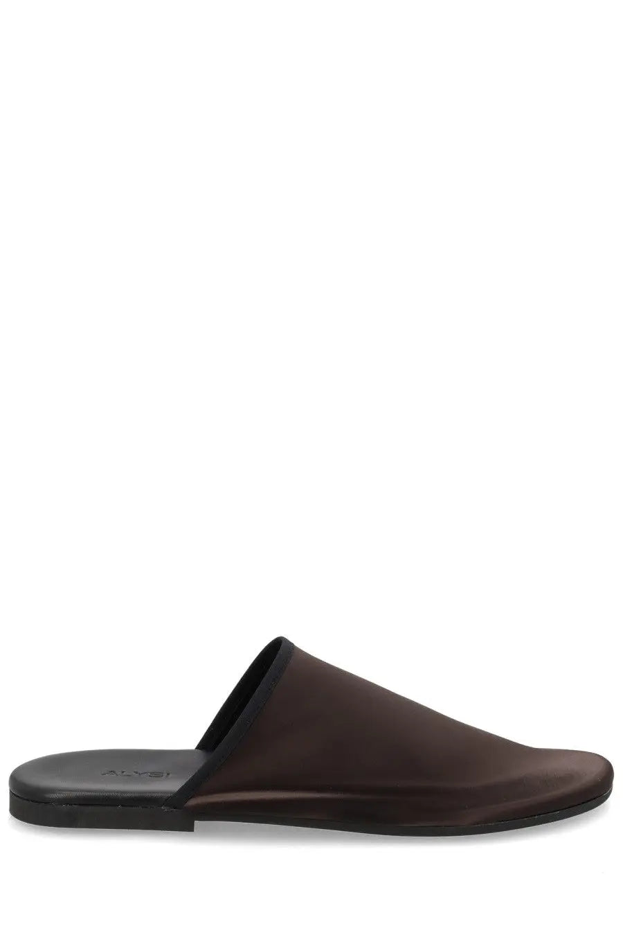 Alysi women’s mule in raso brown dark brown slip-on sandal with sleek minimalist design and black rubber sole