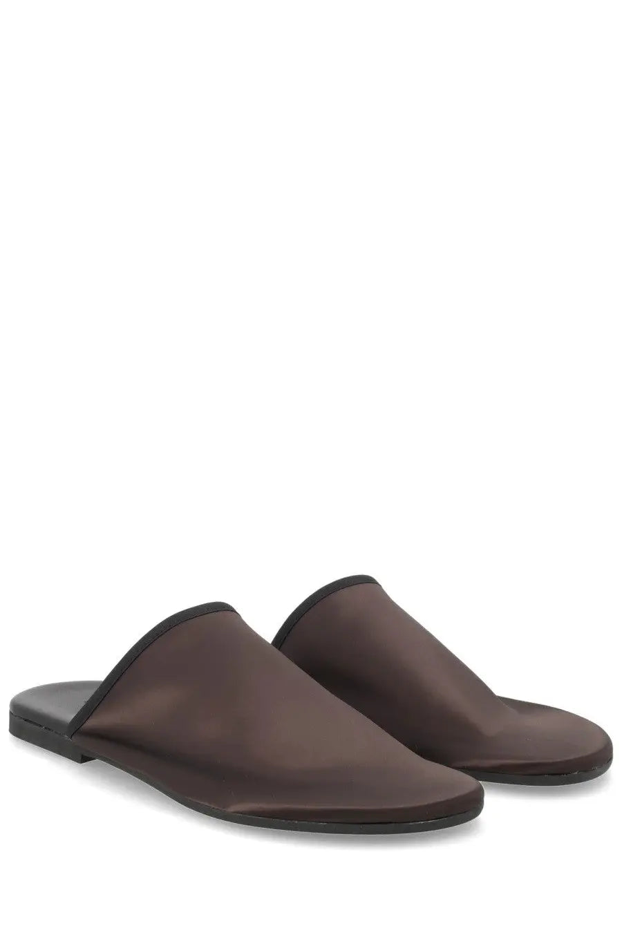 Alysi women’s mule in raso brown featuring brown satin slip-on design with black trim and flat sole