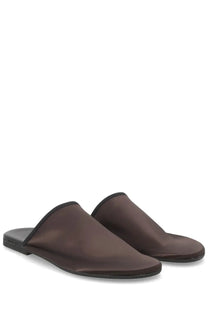 Alysi women’s mule in raso brown featuring brown satin slip-on design with black trim and flat sole