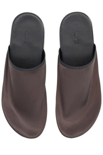 Alysi women’s mule slippers in raso brown suede with black rubber soles and a minimalist design