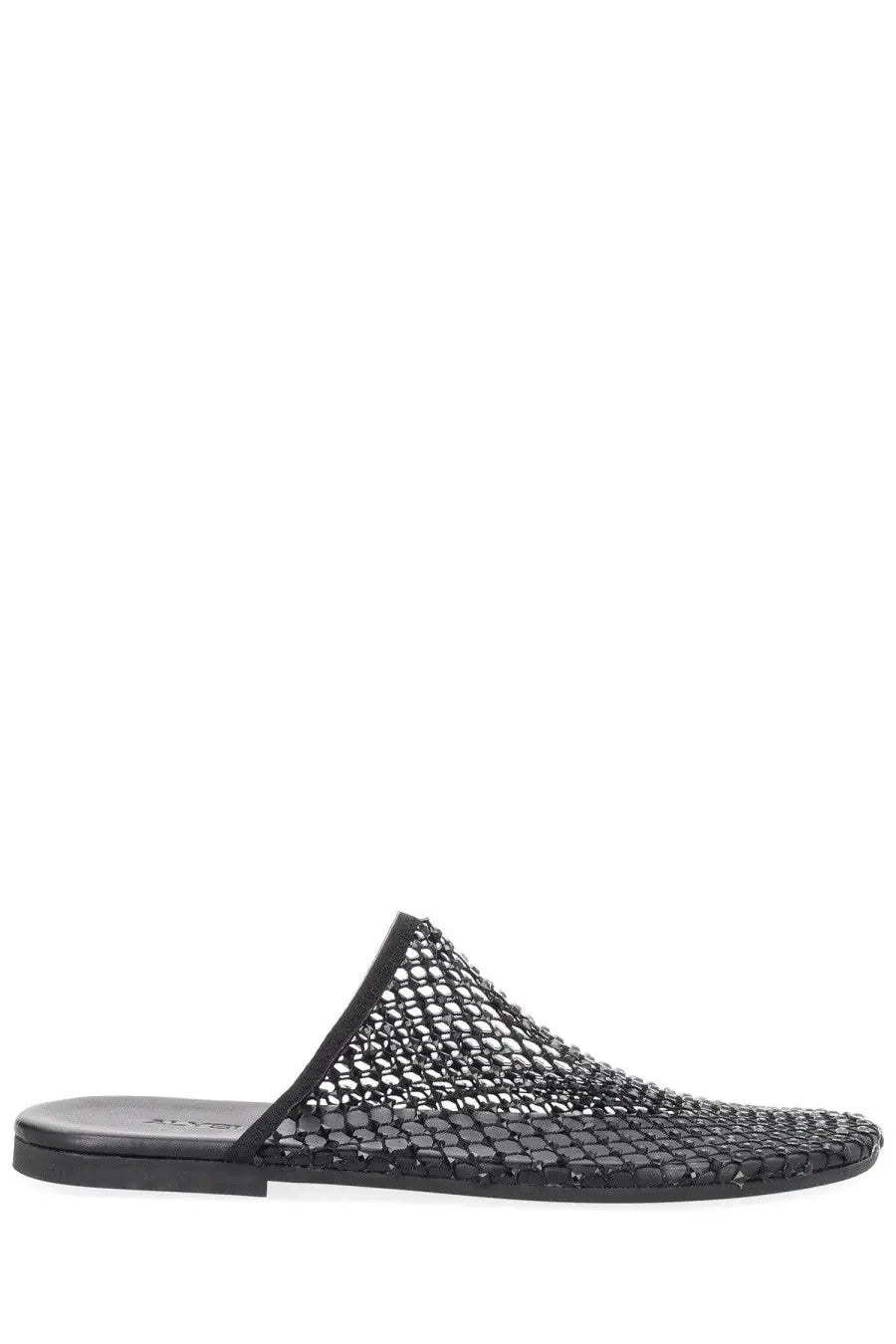 Alysi women’s black mule shoe featuring a woven mesh upper and flat sole slip-on design