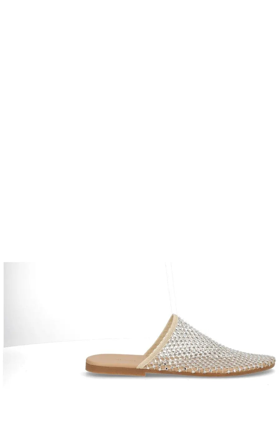 Alysi women’s silver mesh mule slip-on sandal with tan leather insole and sole for casual wear