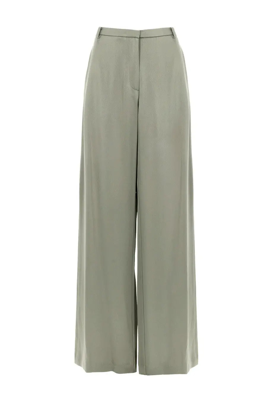 Alysi women’s pantalone ampio high-waisted wide-leg trousers in sleek olive green satin with subtle front pleats