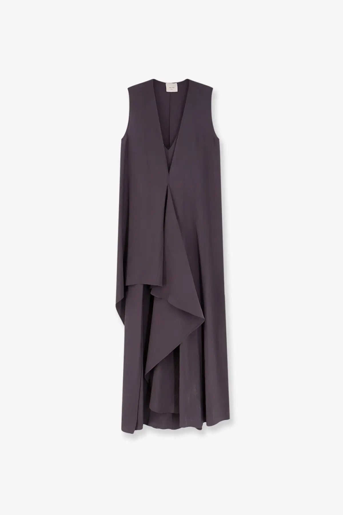 Alysi women’s peach touch long grey dress with sleeveless deep v-neck and asymmetrical layered hemline