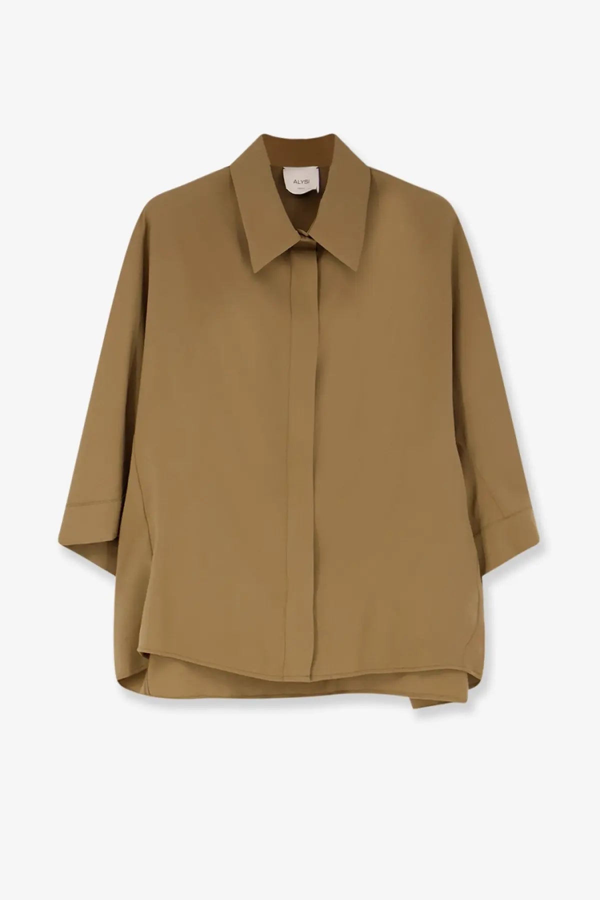 Alysi women’s peach touch camel-colored blouse with relaxed fit classic collar and three-quarter length sleeves