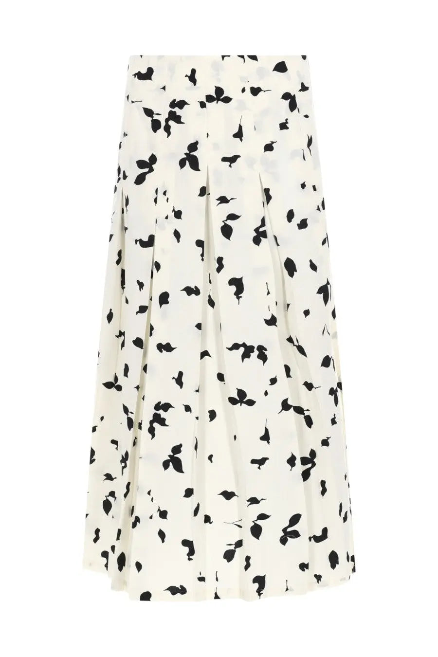 Alysi women’s flowing ivory skirt with subtle pleats and delicate black leaf print multicolor design