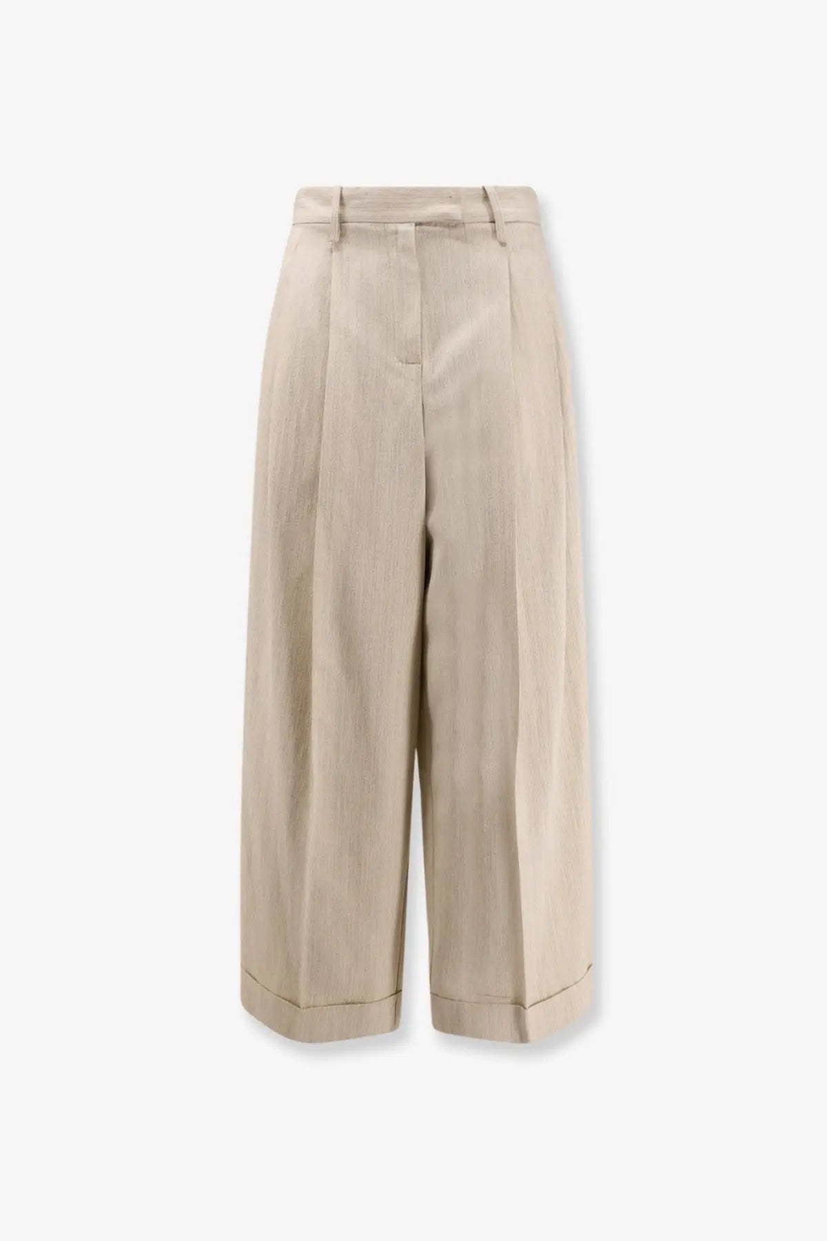 Beige pleated wide-leg alysi trousers with subtle vertical stripes and rolled cuffs in viscose and linen white fabric