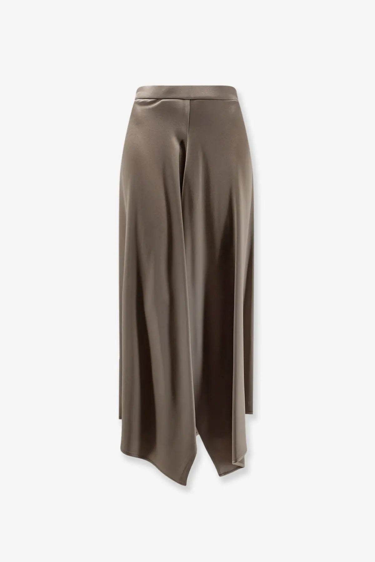 Alysi women’s taupe satin maxi skirt with high waist and asymmetrical hemline in beige color