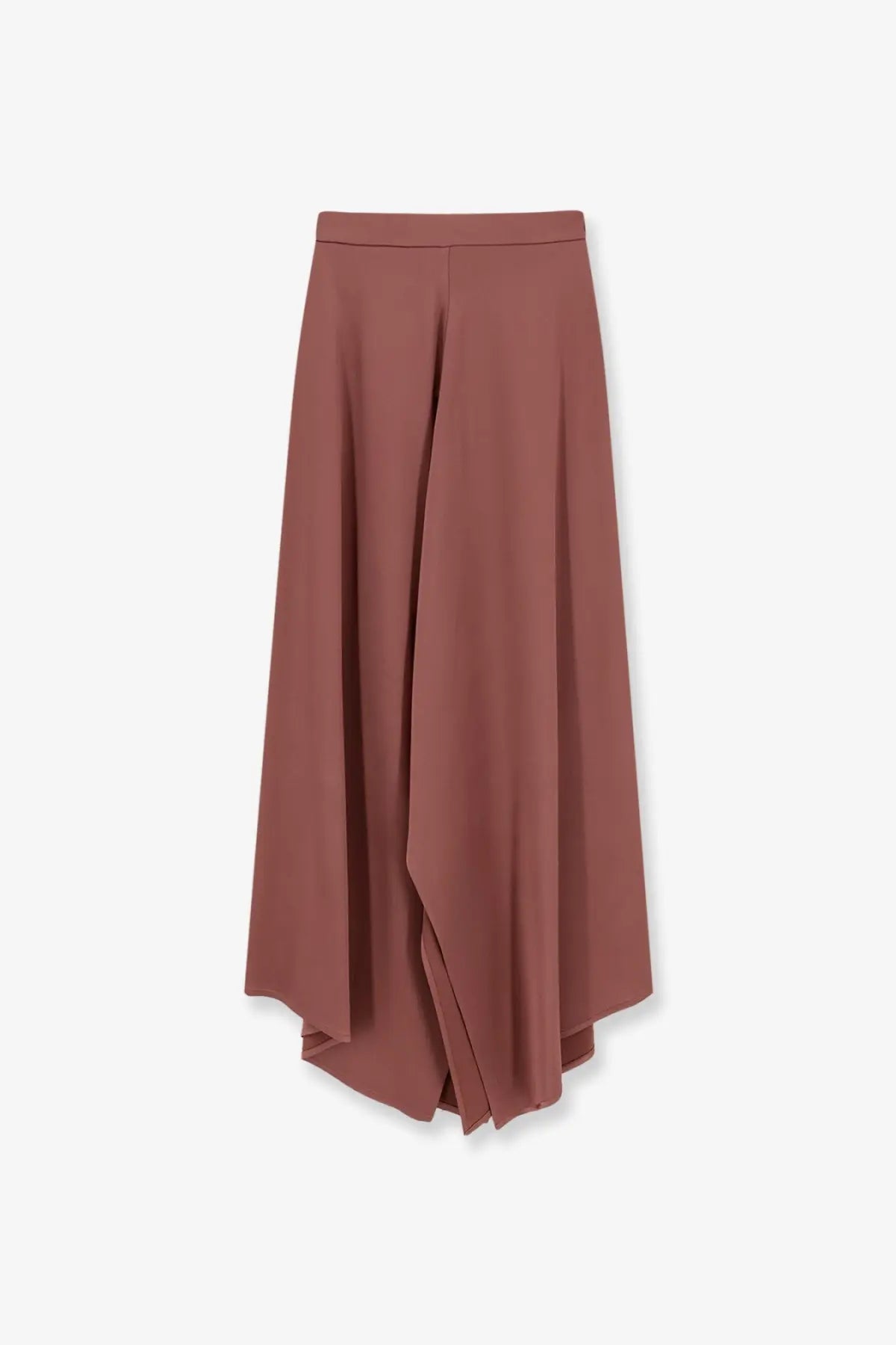 Alysi women’s rust-colored satin midi skirt with high waist and asymmetrical hemline front view