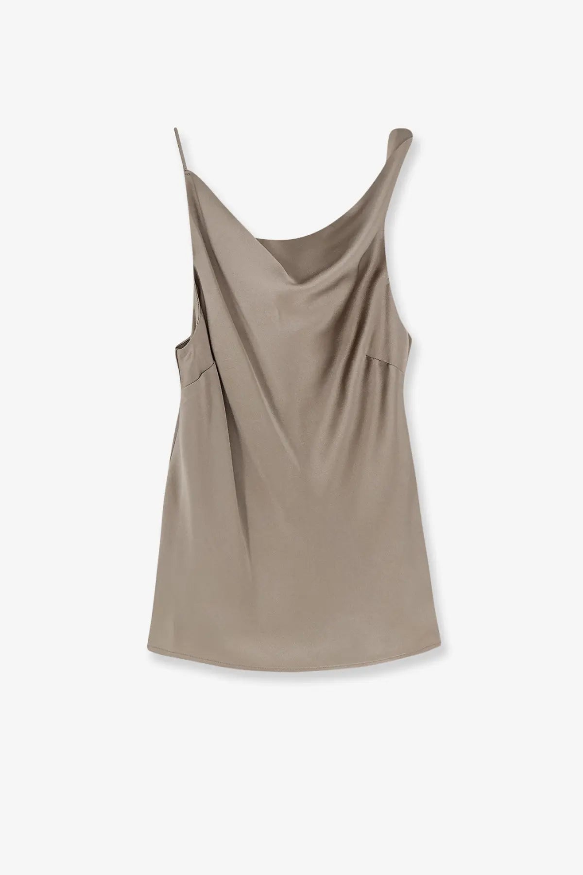 Alysi women’s satin top beige taupe camisole with thin spaghetti straps and a draped cowl neckline