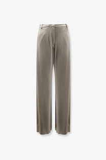 Alysi women’s satin trousers beige with silk-like taupe wide-leg design high waist and subtle front pleats