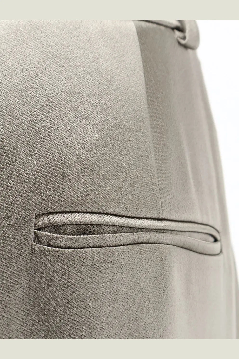 Alysis women’s beige satin trousers with a gray satin-finish pocket on a tailored back side