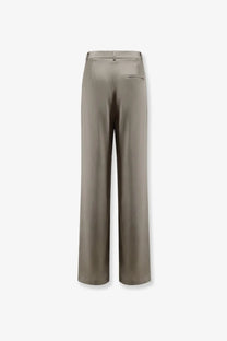 Alysi women’s satin trousers beige wide-leg pant in matte taupe with smooth satin finish and subtle back pocket detail