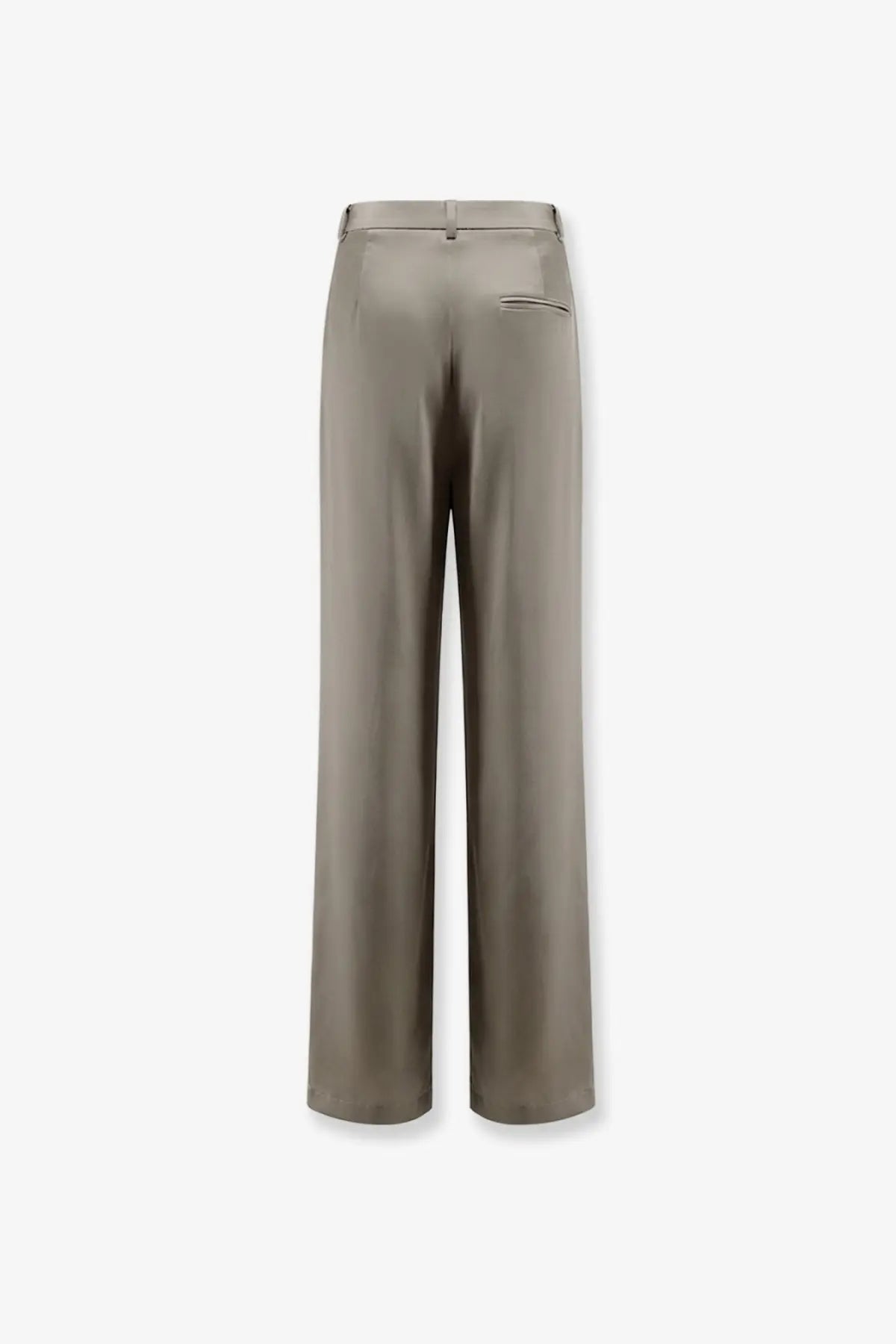 Alysi women’s satin trousers beige with wide-leg silhouette matte taupe hue satin finish and subtle back pocket detailing viewed from back