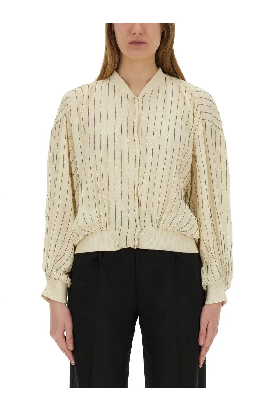 Alysi women’s silk bomber jacket in cream with thin black vertical stripes and a ribbed waistband