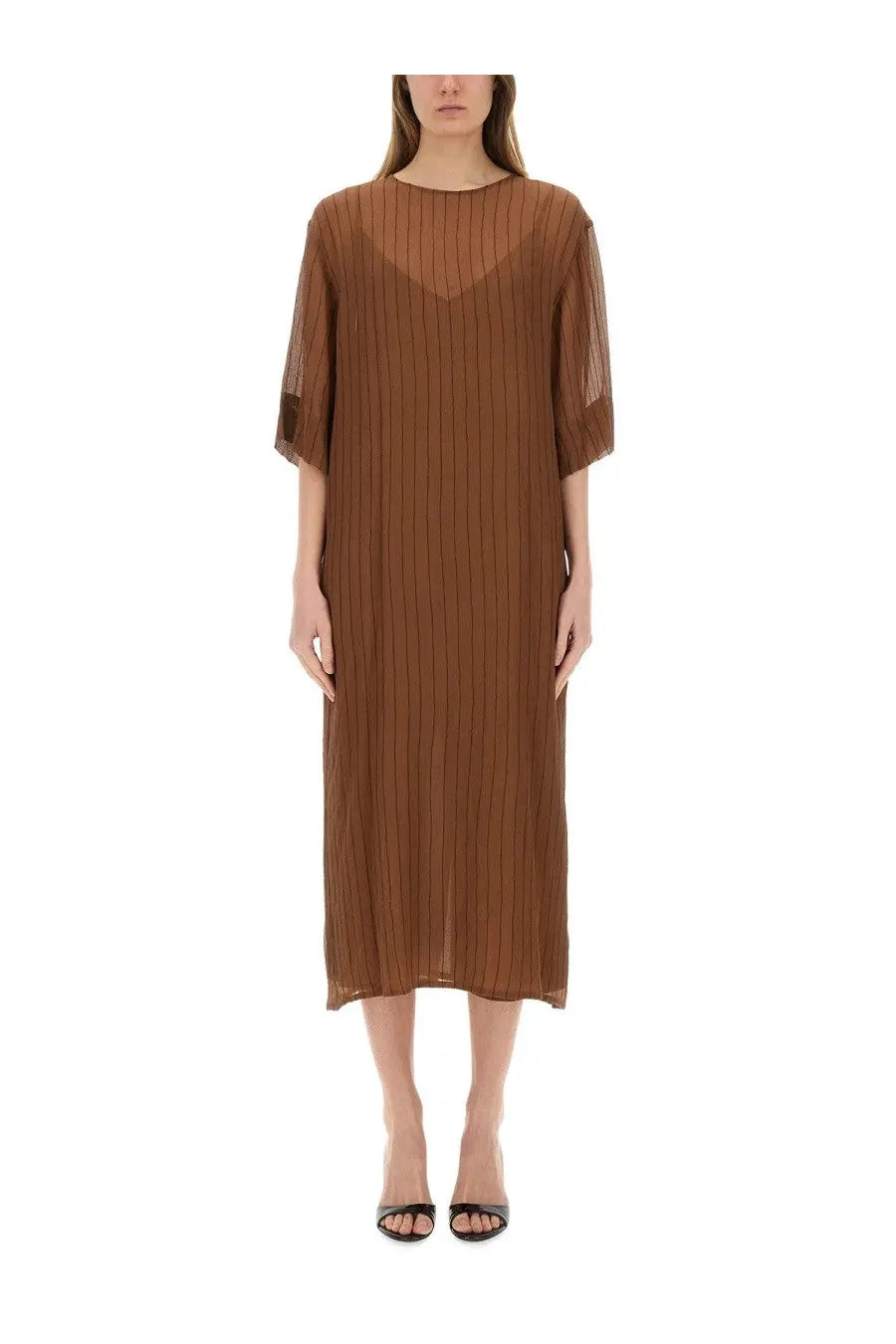 Alysi women’s silk midi dress brown with flowing pleats sheer semi-transparent sleeves and a subtle v-neckline